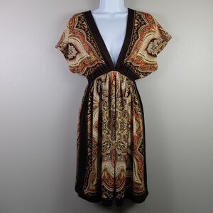 Bailey Blue Multi Color Print V Neck Dress Coverup Cap Sleeve Size Small